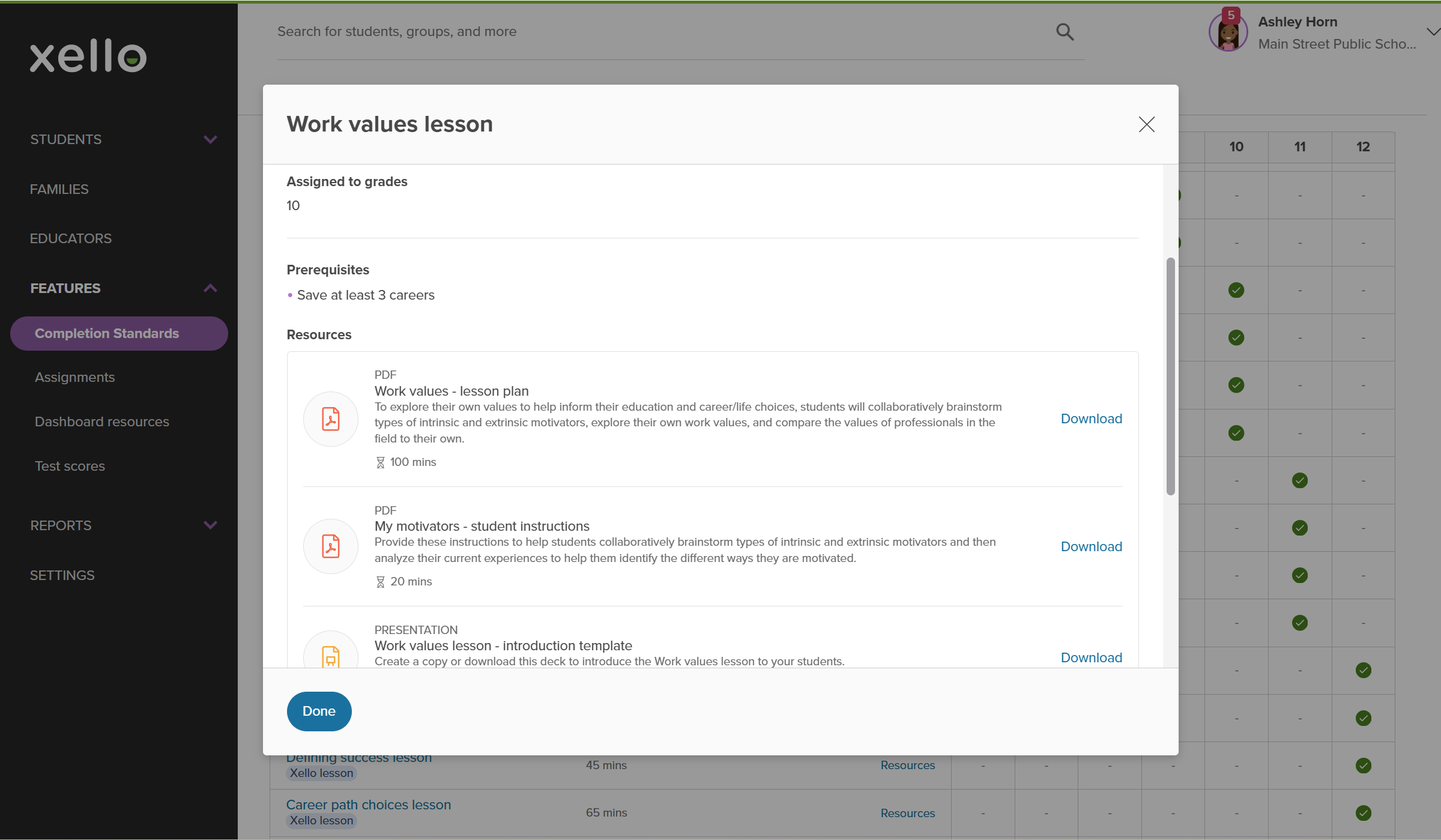Educator account in Xello open to Completion Standards. The Work Values lesson modal is open with a focus on the available resources